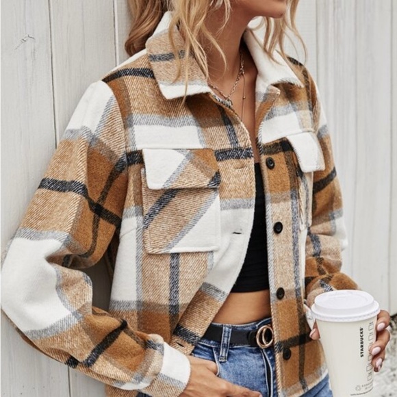 Shein Brown and White Utility Jacket with Plaid Pattern - Picture 1 of 6